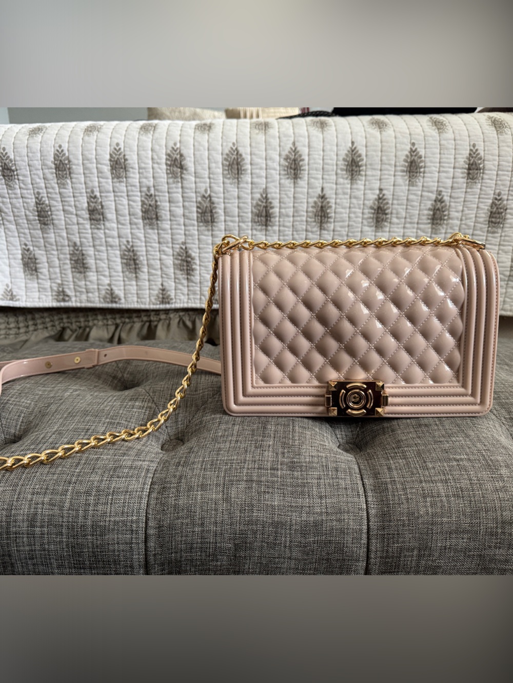 Quilted Blush Crossbody Bag with Gold Chain
